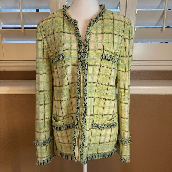 St. John Collection Size 10 Boucle Tweed Zip Up Jacket Green Fringe Plaid Preppy - Picture 1 of 10
